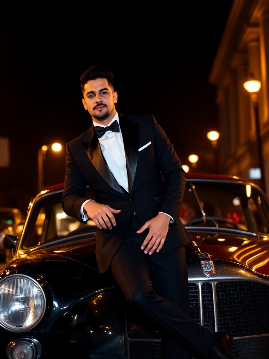 Cast portrait in black tie at night